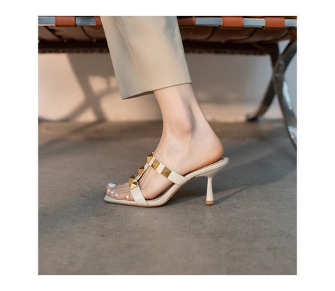 New Fashion Thin Heel Square Toe with Rivet Slide Slipper CODE: KAR1600