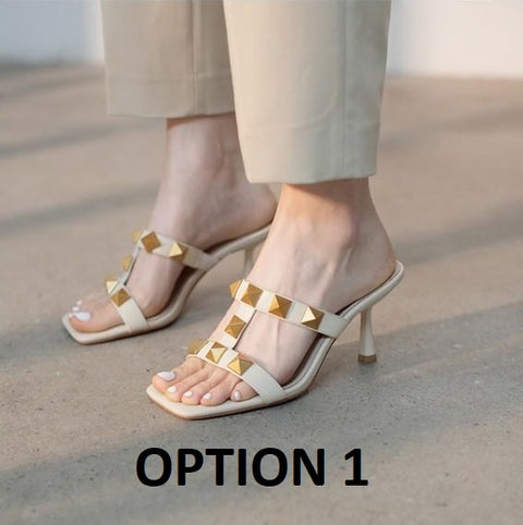 New Fashion Thin Heel Square Toe with Rivet Slide Slipper CODE: KAR1600