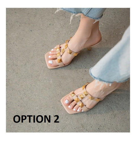 New Fashion Thin Heel Square Toe with Rivet Slide Slipper CODE: KAR1600