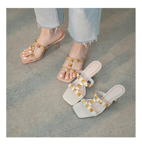 New Fashion Thin Heel Square Toe with Rivet Slide Slipper CODE: KAR1600
