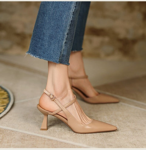 New Mid Heel Pump Pointed Toe Shallow Ankle Strap Slingback Sandal CODE: KAR1601