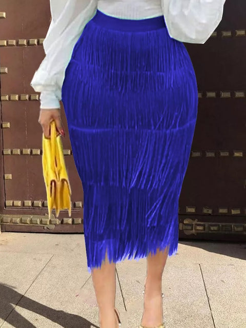 New Elegant Bodycon Slim Pencil Tassel High Waist Stretch Sheath Midi Length Skirt CODE: KAR1606