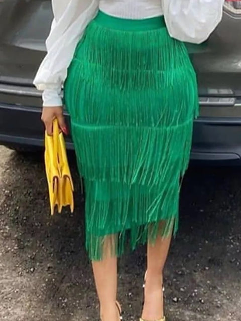 New Elegant Bodycon Slim Pencil Tassel High Waist Stretch Sheath Midi Length Skirt CODE: KAR1606