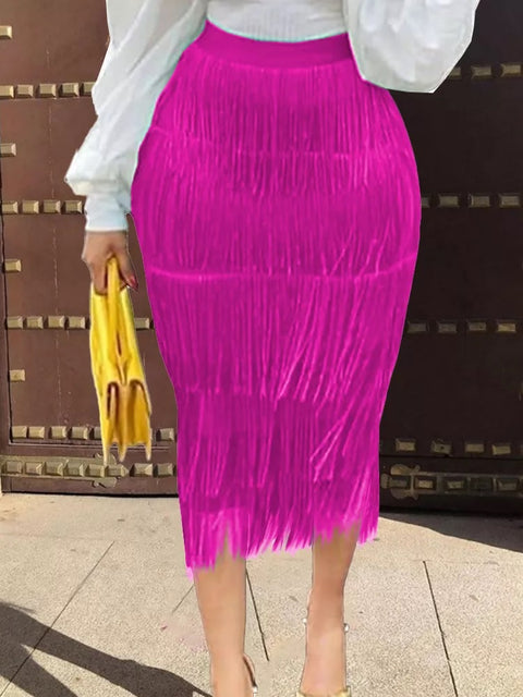 New Elegant Bodycon Slim Pencil Tassel High Waist Stretch Sheath Midi Length Skirt CODE: KAR1606