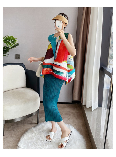 Summer Sleeveless Pleated Round Neck Printing Loose Casual Top CODE: KAR1607