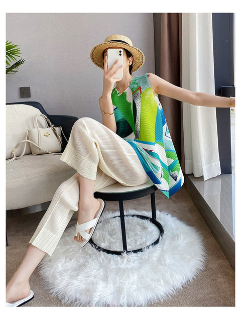 Summer Sleeveless Pleated Round Neck Printing Loose Casual Top CODE: KAR1607