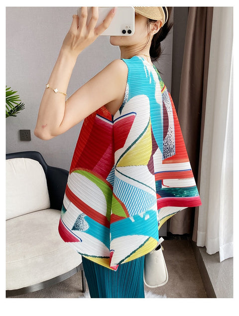 Summer Sleeveless Pleated Round Neck Printing Loose Casual Top CODE: KAR1607
