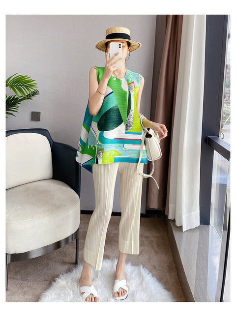 Summer Sleeveless Pleated Round Neck Printing Loose Casual Top CODE: KAR1607