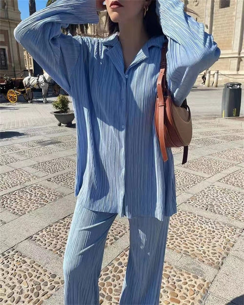 New Elegant Casual Pleated Loose Long Sleeve Blouse High Waist Wide Leg Pant Two Piece Set CODE: KAR1613