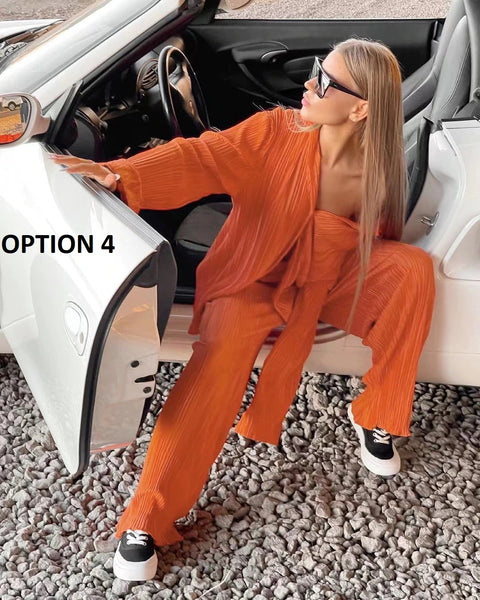 New Elegant Casual Pleated Loose Long Sleeve Blouse High Waist Wide Leg Pant Two Piece Set CODE: KAR1613