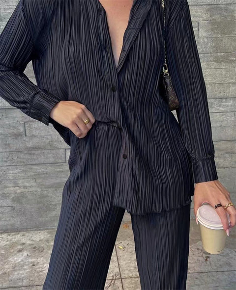 New Elegant Casual Pleated Loose Long Sleeve Blouse High Waist Wide Leg Pant Two Piece Set CODE: KAR1613
