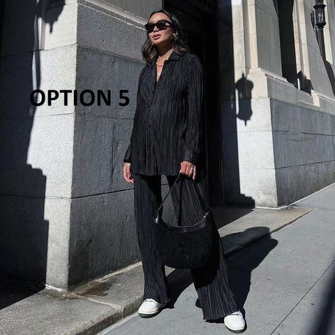 New Elegant Casual Pleated Loose Long Sleeve Blouse High Waist Wide Leg Pant Two Piece Set CODE: KAR1613