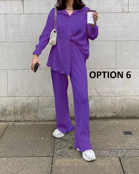 New Elegant Casual Pleated Loose Long Sleeve Blouse High Waist Wide Leg Pant Two Piece Set CODE: KAR1613