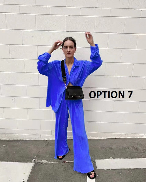 New Elegant Casual Pleated Loose Long Sleeve Blouse High Waist Wide Leg Pant Two Piece Set CODE: KAR1613
