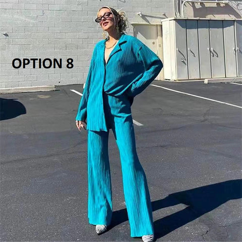 New Elegant Casual Pleated Loose Long Sleeve Blouse High Waist Wide Leg Pant Two Piece Set CODE: KAR1613