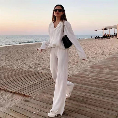 New Elegant Casual Pleated Loose Long Sleeve Blouse High Waist Wide Leg Pant Two Piece Set CODE: KAR1613
