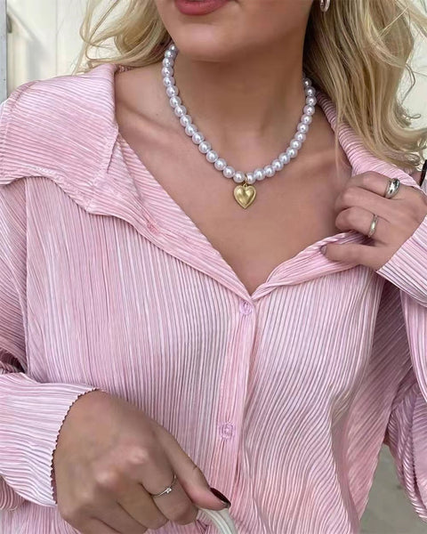 New Elegant Casual Pleated Loose Long Sleeve Blouse High Waist Wide Leg Pant Two Piece Set CODE: KAR1613