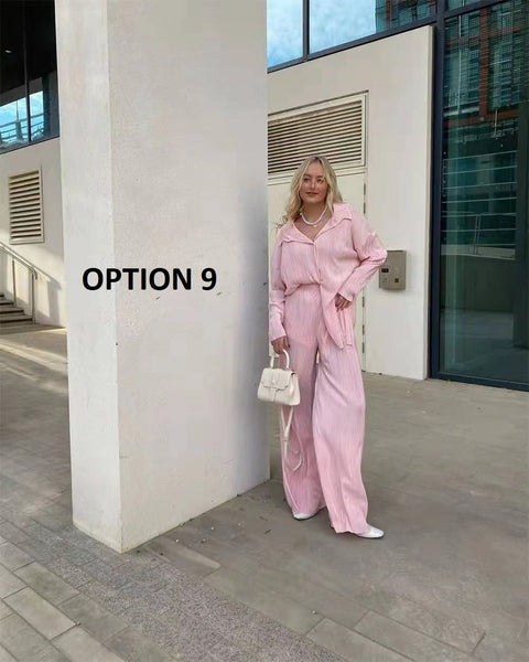 New Elegant Casual Pleated Loose Long Sleeve Blouse High Waist Wide Leg Pant Two Piece Set CODE: KAR1613