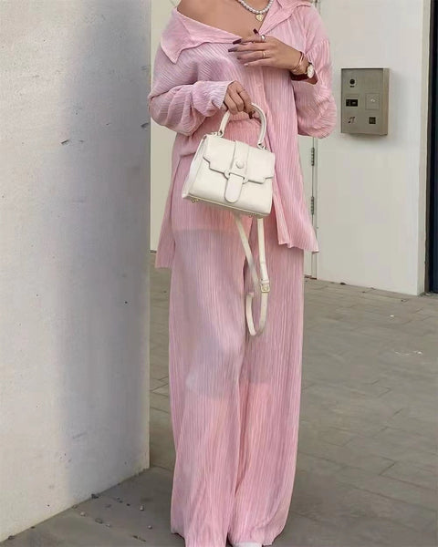 New Elegant Casual Pleated Loose Long Sleeve Blouse High Waist Wide Leg Pant Two Piece Set CODE: KAR1613