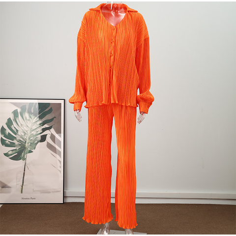 New Elegant Casual Pleated Loose Long Sleeve Blouse High Waist Wide Leg Pant Two Piece Set CODE: KAR1613