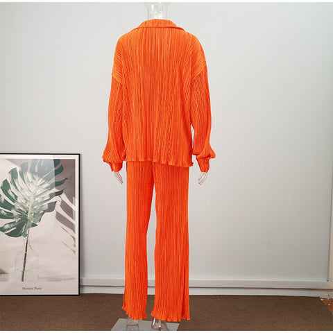 New Elegant Casual Pleated Loose Long Sleeve Blouse High Waist Wide Leg Pant Two Piece Set CODE: KAR1613