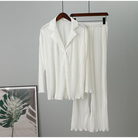 New Elegant Casual Pleated Loose Long Sleeve Blouse High Waist Wide Leg Pant Two Piece Set CODE: KAR1613