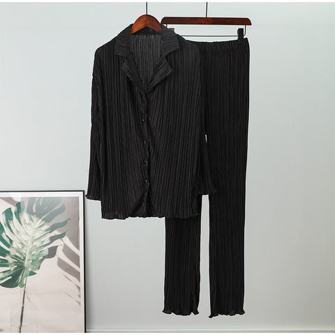 New Elegant Casual Pleated Loose Long Sleeve Blouse High Waist Wide Leg Pant Two Piece Set CODE: KAR1613