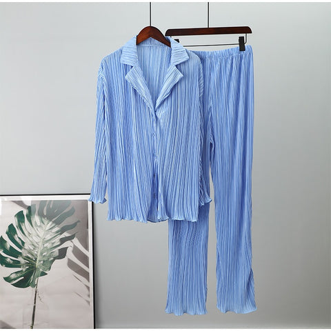 New Elegant Casual Pleated Loose Long Sleeve Blouse High Waist Wide Leg Pant Two Piece Set CODE: KAR1613