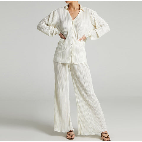 New Elegant Casual Pleated Loose Long Sleeve Blouse High Waist Wide Leg Pant Two Piece Set CODE: KAR1613