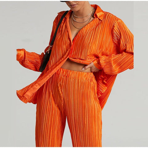 New Elegant Casual Pleated Loose Long Sleeve Blouse High Waist Wide Leg Pant Two Piece Set CODE: KAR1613