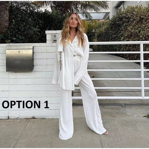 New Elegant Casual Pleated Loose Long Sleeve Blouse High Waist Wide Leg Pant Two Piece Set CODE: KAR1613