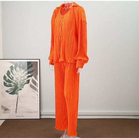 New Elegant Casual Pleated Loose Long Sleeve Blouse High Waist Wide Leg Pant Two Piece Set CODE: KAR1613
