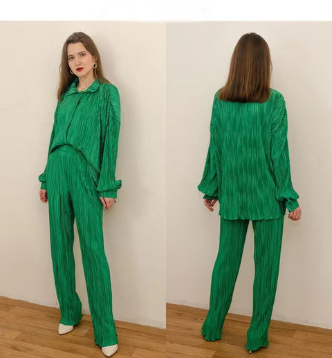 New Elegant Casual Pleated Loose Long Sleeve Blouse High Waist Wide Leg Pant Two Piece Set CODE: KAR1613