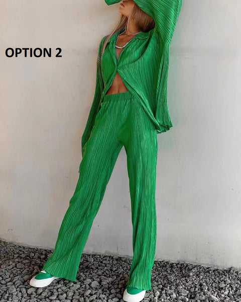 New Elegant Casual Pleated Loose Long Sleeve Blouse High Waist Wide Leg Pant Two Piece Set CODE: KAR1613
