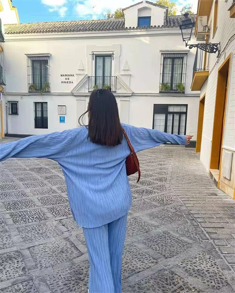 New Elegant Casual Pleated Loose Long Sleeve Blouse High Waist Wide Leg Pant Two Piece Set CODE: KAR1613