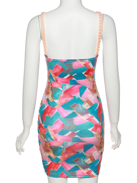 New Elegant Sexy Stitching Printed Chain Sling Mini Bodycon Dress CODE: KAR1615