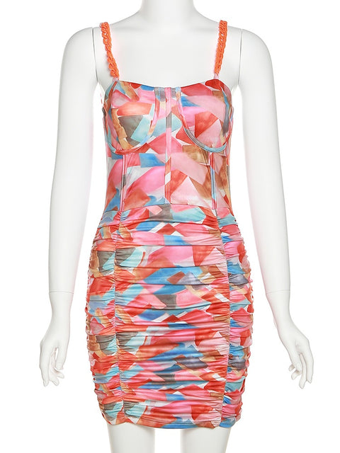 New Elegant Sexy Stitching Printed Chain Sling Mini Bodycon Dress CODE: KAR1615