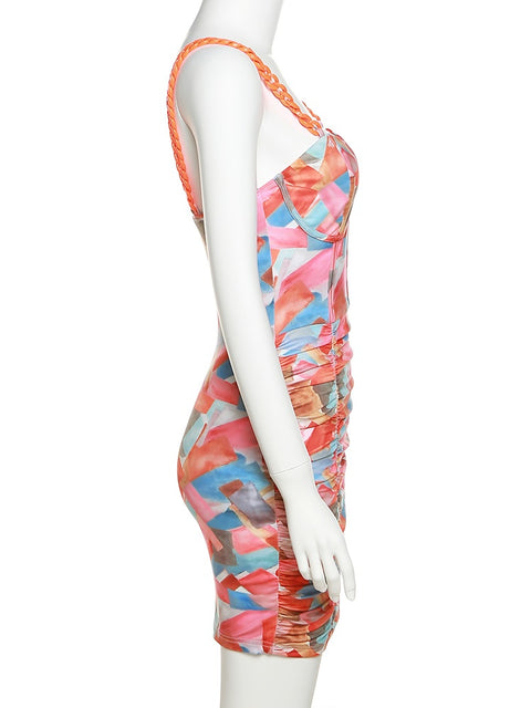New Elegant Sexy Stitching Printed Chain Sling Mini Bodycon Dress CODE: KAR1615