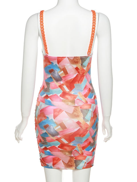 New Elegant Sexy Stitching Printed Chain Sling Mini Bodycon Dress CODE: KAR1615