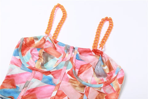 New Elegant Sexy Stitching Printed Chain Sling Mini Bodycon Dress CODE: KAR1615