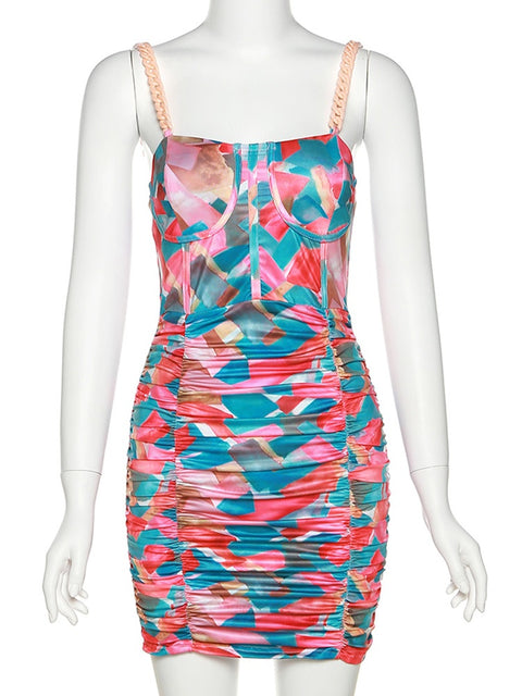 New Elegant Sexy Stitching Printed Chain Sling Mini Bodycon Dress CODE: KAR1615