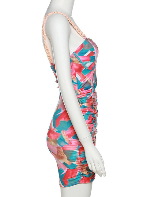 New Elegant Sexy Stitching Printed Chain Sling Mini Bodycon Dress CODE: KAR1615