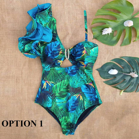 Sexy One Shoulder Ruffle Floral Print One Piece Swimsuit CODE: KAR1618