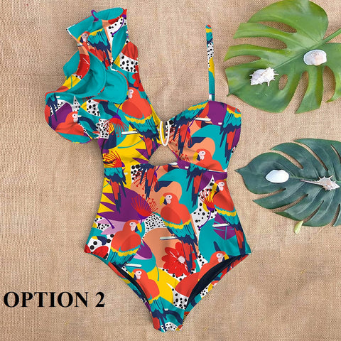 Sexy One Shoulder Ruffle Floral Print One Piece Swimsuit CODE: KAR1618