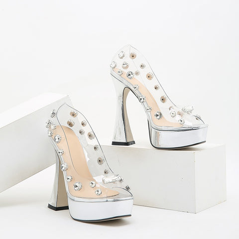 New Fashion High Heel Transparent Peep Toe Platform Chunky Crystal Rhinestone Sandal CODE: KAR1623