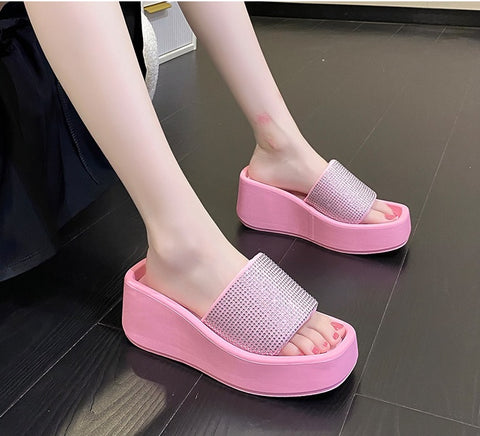 Summer Thick Sole Rhinestone Bright Drill Square Slippers CODE: KAR1627