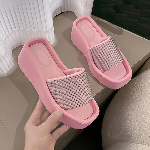 Summer Thick Sole Rhinestone Bright Drill Square Slippers CODE: KAR1627