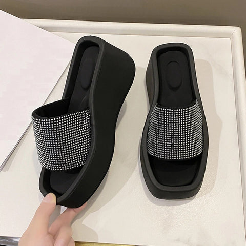 Summer Thick Sole Rhinestone Bright Drill Square Slippers CODE: KAR1627