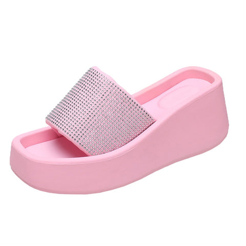 Summer Thick Sole Rhinestone Bright Drill Square Slippers CODE: KAR1627