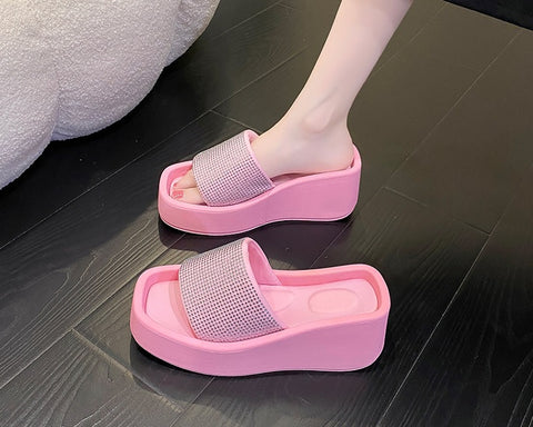 Summer Thick Sole Rhinestone Bright Drill Square Slippers CODE: KAR1627